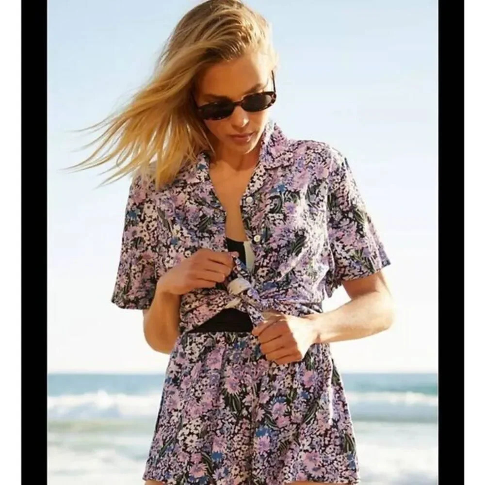 Beach Riot Violet Buttondown BLACK FLORAL Sz S